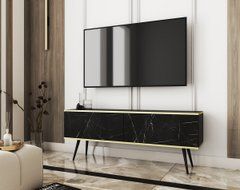 Тумба под телевизор Perfect Home Оро/Oro 2-дверная с черными ножками RTV135 Черный мрамор роял реальная фотография