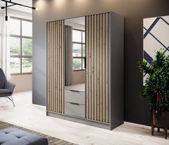 Шкаф для одежды Perfect Home Нелли / Nelly 3D 3-дверный с зеркалом Серый/дуб артизан реальная фотография