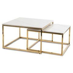 Комплект журнальных столов MEBEL ELITE TENOR 70/43 и 60/37 см Белый мрамор/золото реальная фотография
