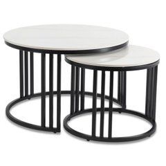 Комплект журнальных столиков MEBEL ELITE JERRY, 70/45 и 50/40 см, Белый мрамор/черный реальная фотография