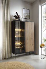 Витрина высокая с подсветкой Perfect Home Сенто / Sento WTSZ104 2-дверная Черный/дуб вотан реальная фотография