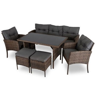 Набір садових меблів MEBEL ELITE ATLANTA (Диван+2 крісла+2 пуфа+стіл) Коричневий / техноротанг
